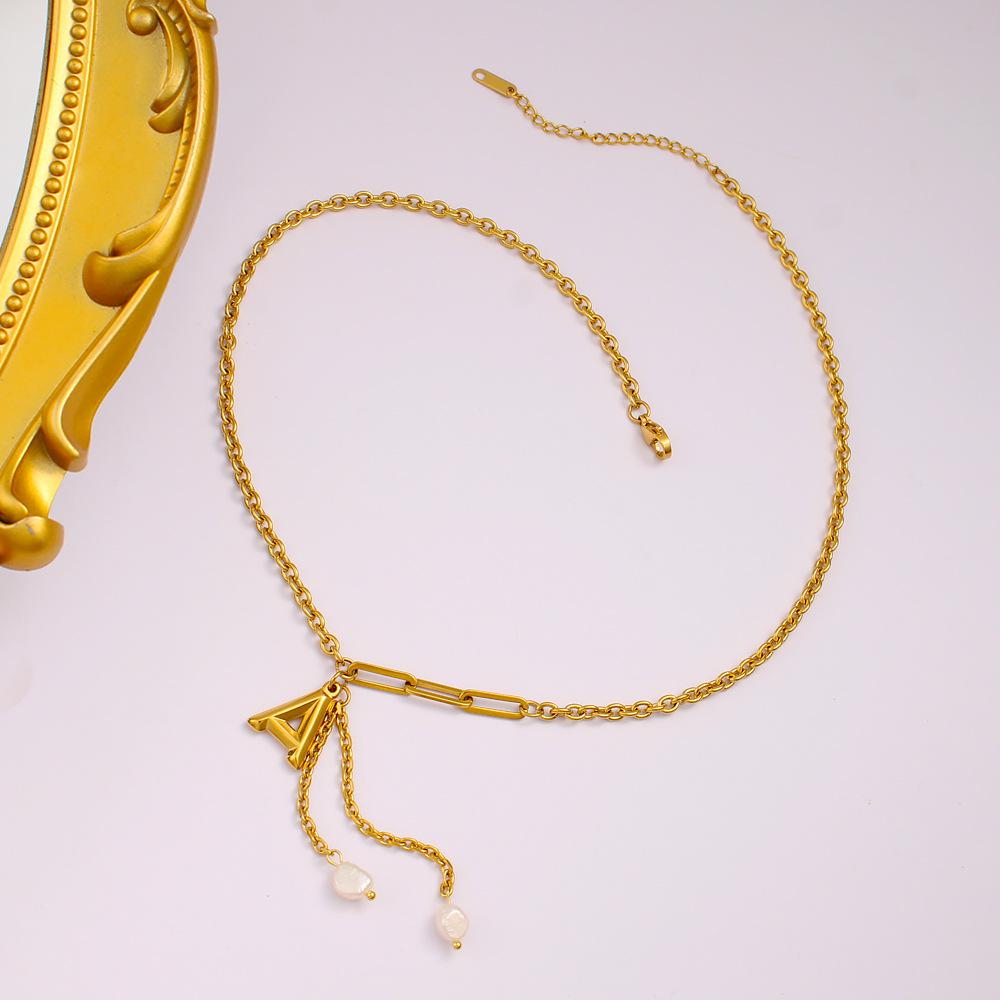 Personalized Titanium Steel Tassel Clavicle Necklace with Pearl & Letter A Pendant