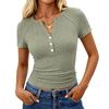 Dámské módní ležérní barevné nové tričko s krátkým rukávem, ozdobným knoflíkem a výstřihem do V