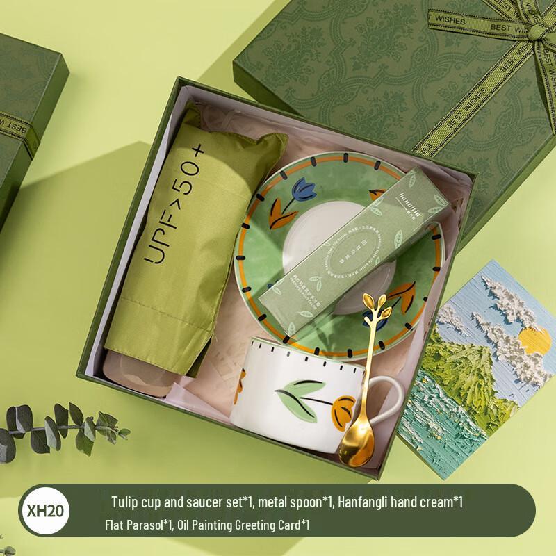 AQ Ceramic Mug & Gift Set Mug, Saucer, Spoon, Hand Cream, Umbrella