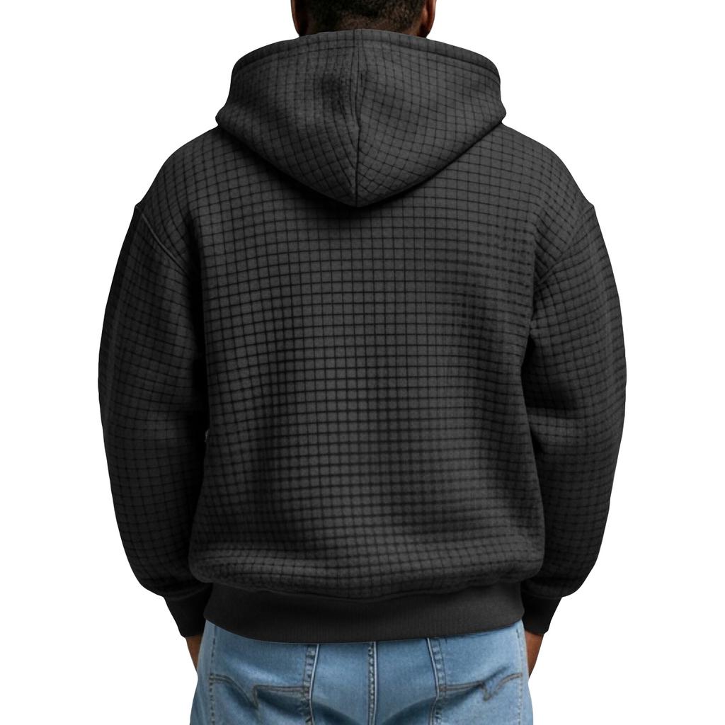 Men's Zip-Up Hooded Plaid Jacket- Drawstring Casual Sports Sweatshirt