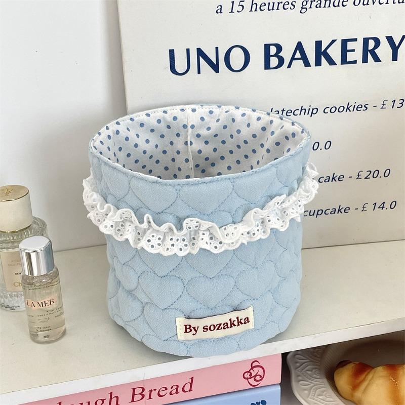 

Korean quilted girl fabric storage basket desktop storage finishing basket cylinder sundries snack storage basket