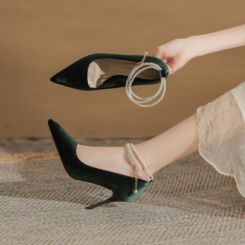 Fashion pearl chain elegant temperament sexy feminine women's new thin heel high heel women's single shoes
