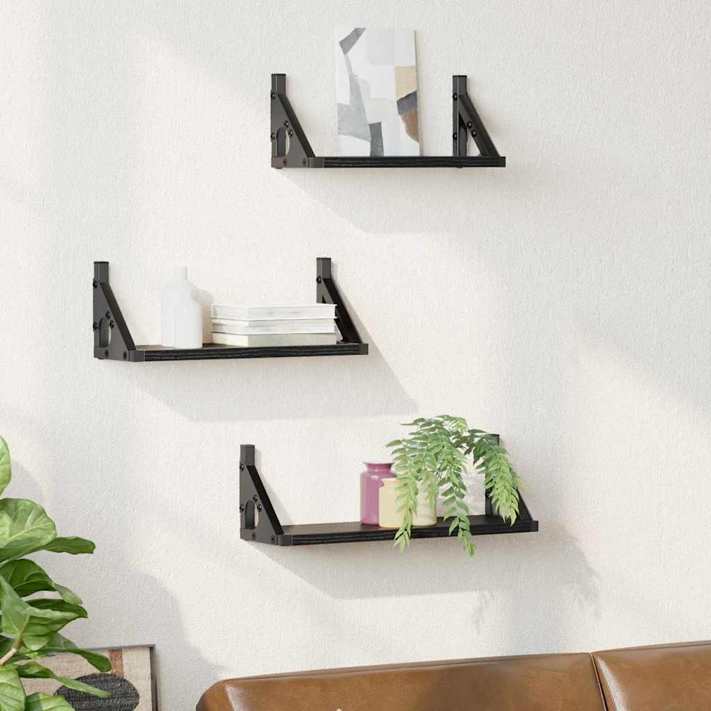 Wall Mounted Shelf System with Storage 3 pcs Black Oak Effect