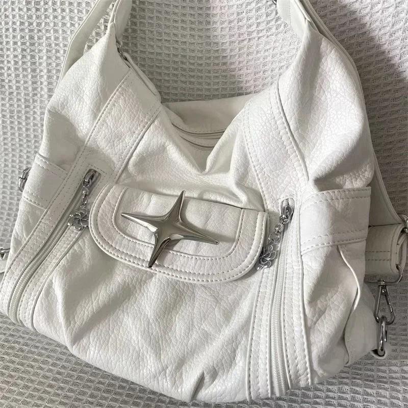 Mode Schlichte Designer Handtasche Weißes PU-Leder Cross Handtasche Y2k Große Kapazität Schultertasche Amerikanischer Stil Punk Goth