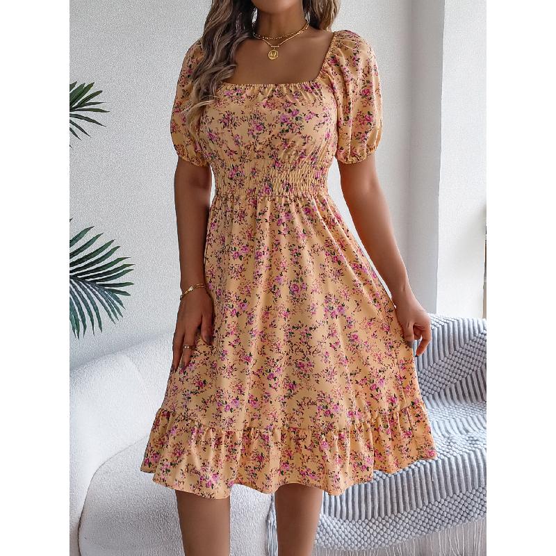 2026 Spring/Summer New Floral Print Square Neck Short Sleeve Waist-Cinching Ruffle Hem Women's A-Line Dress