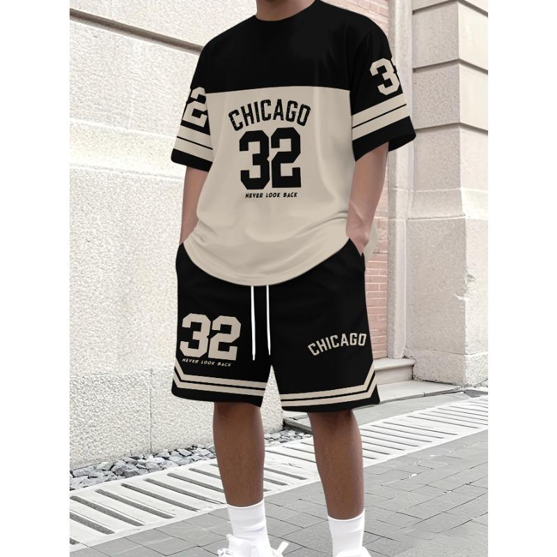 

Men s casual T-shirt, round neck short sleeves and shorts set, eye-catching 32 number pattern, breathable regular fit for daily and formal wear S