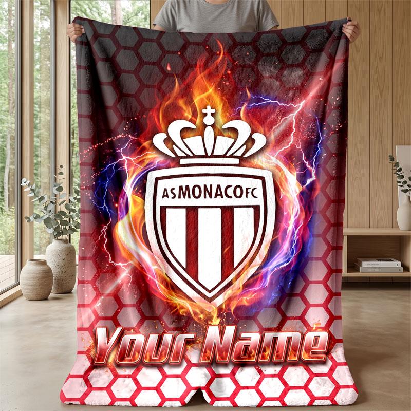Monaco FC Custom Name Text Flannel Blanket Soccer Logo Personalized Fleece Throw Blanket Special Gift For Sofa Bedroom Home