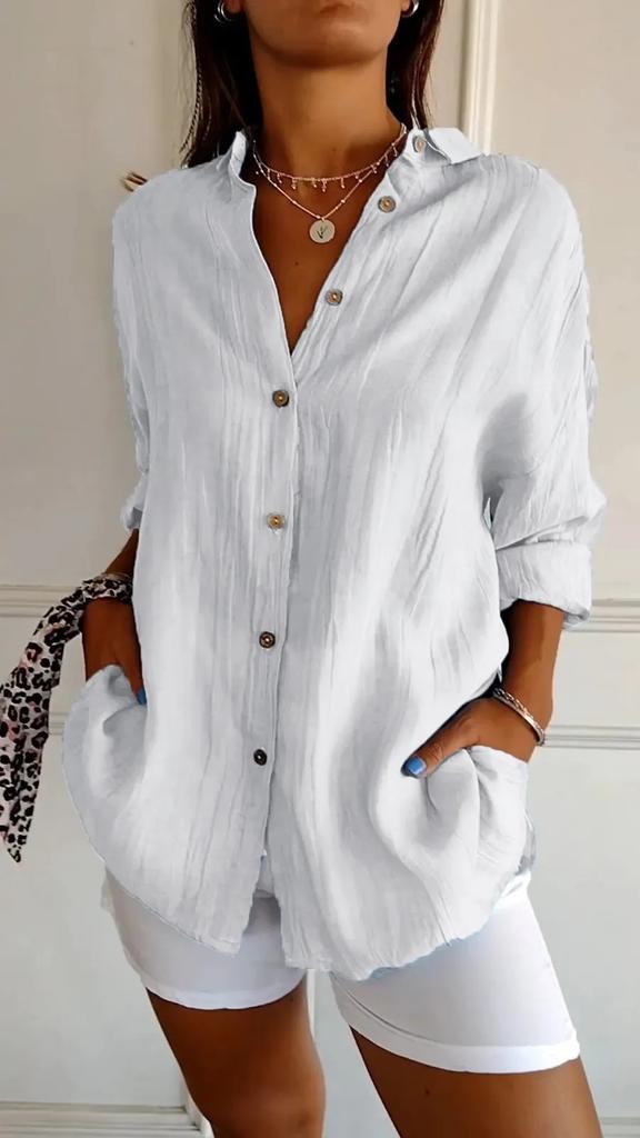 VEZFAA Women's Fashion Casual Spring Autumn Solid Color Print Long Sleeve POLO Neck Blouses & Shirts