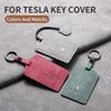 3D Leather Suede Car Key Case Cover Fob For Tesla Model 3 Model Y S X Model Y L Auto Keyless Remote Key Card Kit Protector Shell