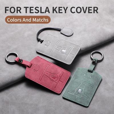 3D Leather Suede Car Key Case Cover Fob For Tesla Model 3 Model Y S X Model Y L Auto Keyless Remote Key Card Kit Protector Shell