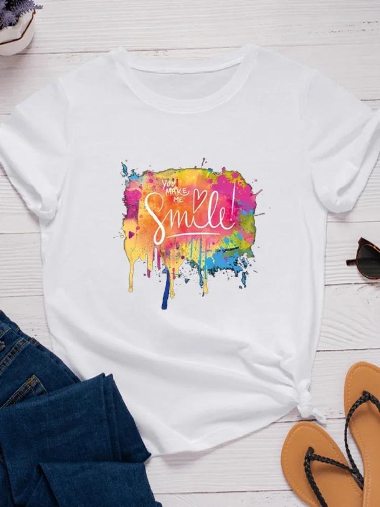 You Make Me Smile Multicolor Print Women T Shirt Short Sleeve O Neck Loose Women Tshirt Ladies Tee Shirt Tops Camisetas Mujer