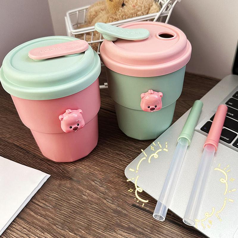 500Ml Coffee Mug With Lid Straw Silicone Cold Juice Milk Tea Mug Leak-Proof Drinking Water Bottles Portable Travel Cup