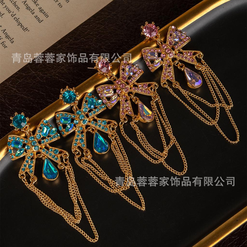 Middle Aged BJ Light Luxury Bow Water Droplet Pendant Earrings Alloy Chain Long High-end Feeling