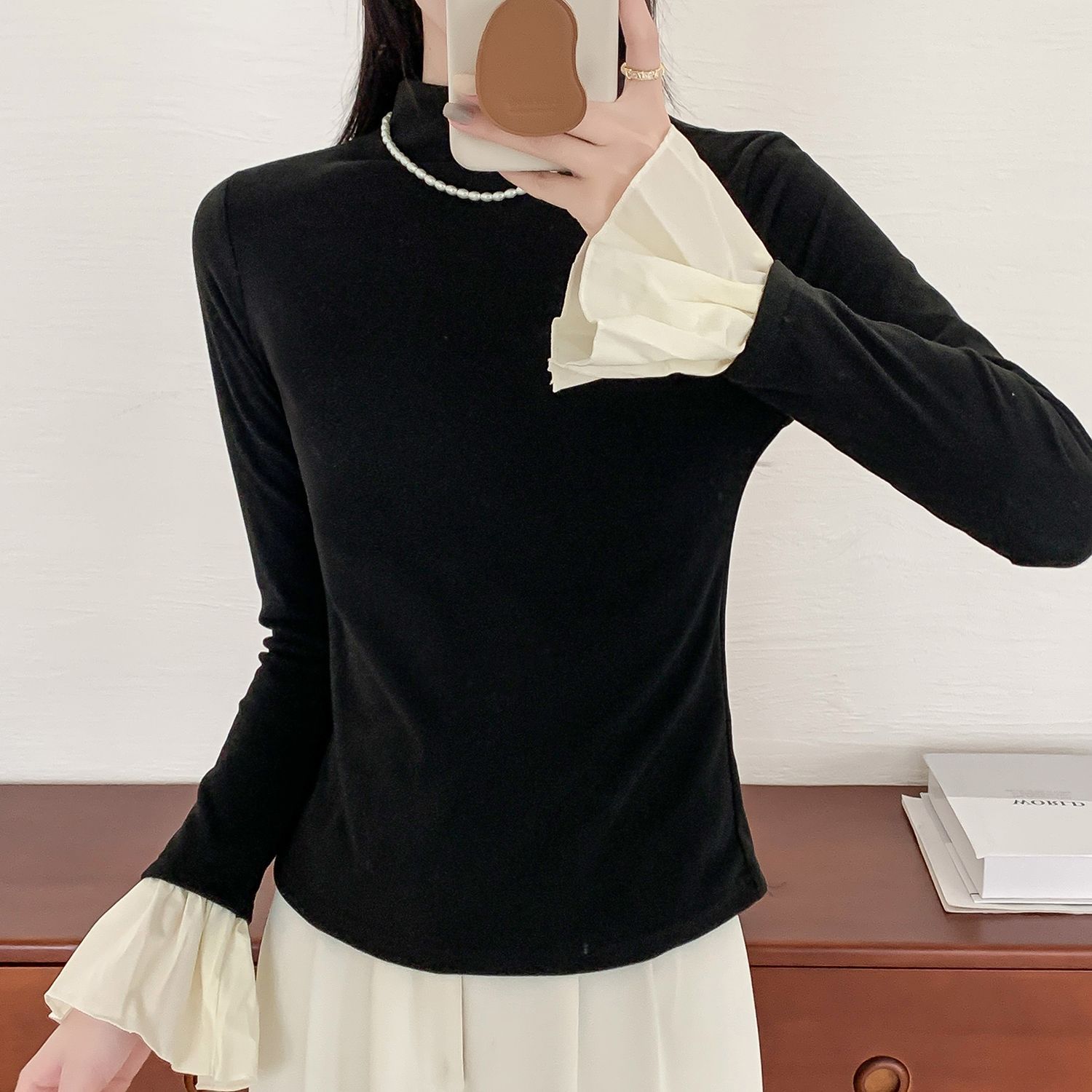

Splicing Black Semi-turtleneck Long-sleeved Bottoming Shirt T-shirt Women s Autumn and Winter New Inner Shoulder Slim-fit Top XL чёрный