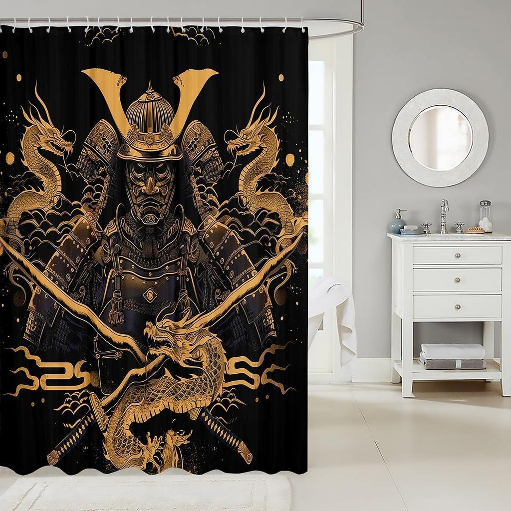 Samurai Fabric Shower Curtain Japanese Style Shower Curtain for Kids Boys Girls Vintage Dragon Bathroom Waterproof Accessories