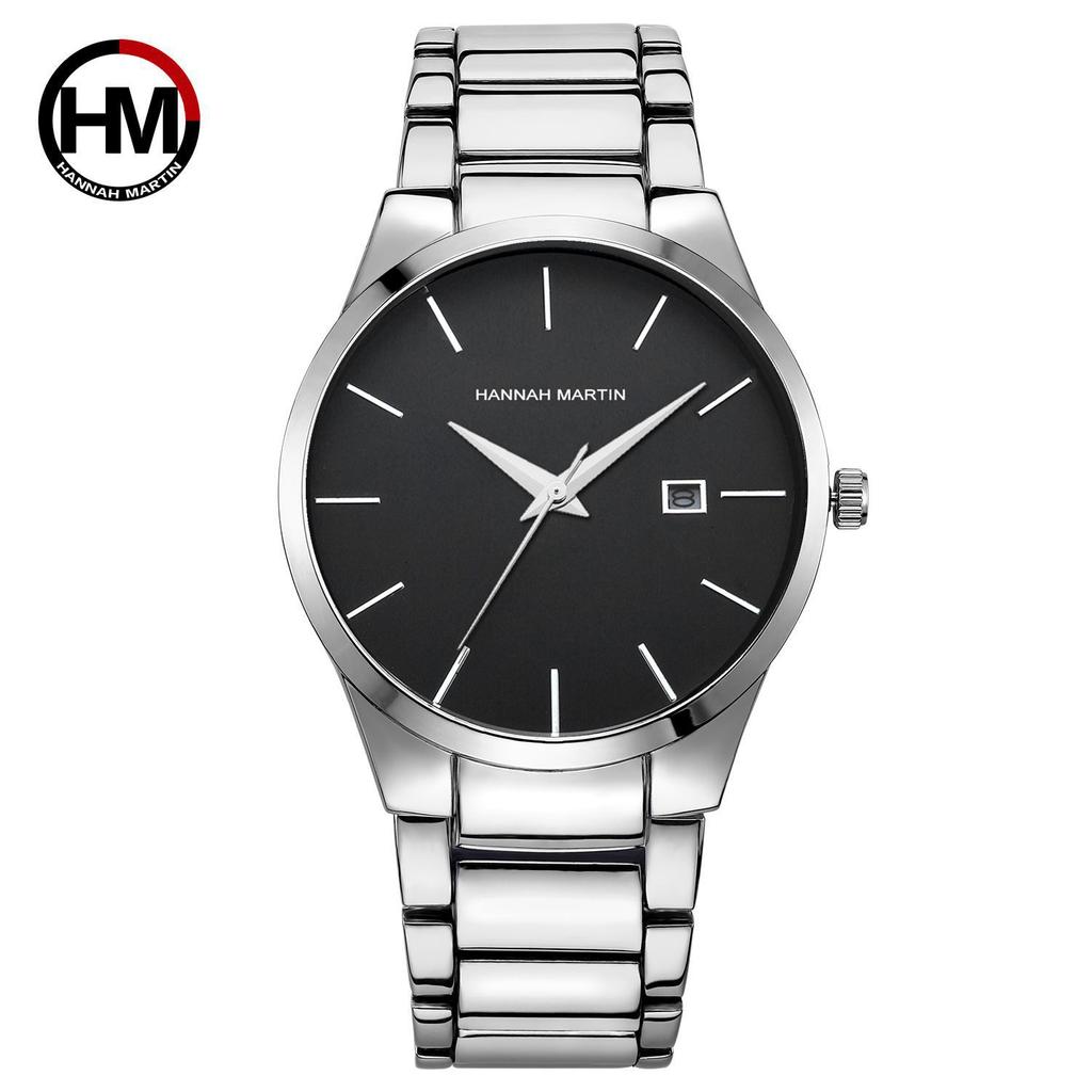 HannahMartin Men's Waterproof Watch fashion Silver Stainless Steel Belt Quartz Watch Large Dial