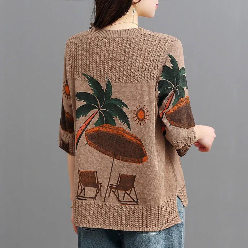 Cotton Sweater Women Plus Size Autumn Loose Round Neck Retro Printing Sweater Comfortable and Versatile Elastic Knit Sweater