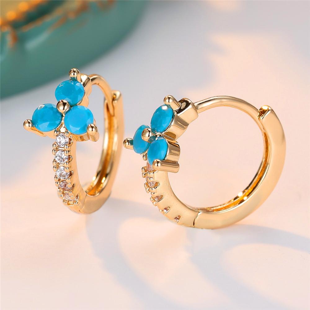 Trendy Crystal Water Blue Zircon Flower Stone Hoop Earrings For Women Vintage Gold Color Wedding