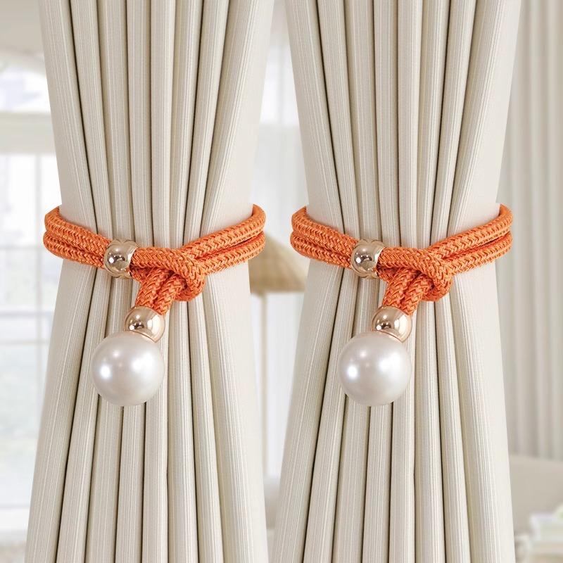 2Pcs Pearl Curtain Tiebacks, Curtain Pearl Tiebacks, Decorative Fixings, Rope Curtain Tiebacks No Punch Adjustable Pull-Outs