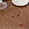 Cherry Red Necklace & Stud Earrings Set: Light Luxury, Niche Design, Clavicle Chain, 3-Piece Women's Jewelry