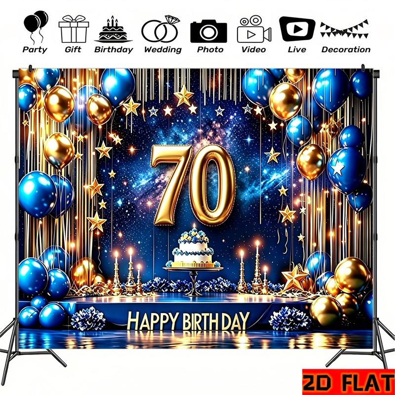 2D Flat 2D Flat - 2D Flat 2D Flat - 2D Flat Banner 1pc 70th Birthday Backdrop Polyester Blue Gold Balloons Stars Cake Photography Backdrop