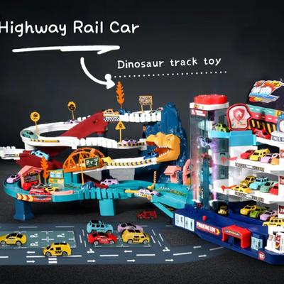 Voiture électrique sur rail Dinosaure Bâtiment Parking Aventure Course Voiture sur rail Jouets Enfants Cerveau Mécanique Interactif Voitures sur rail