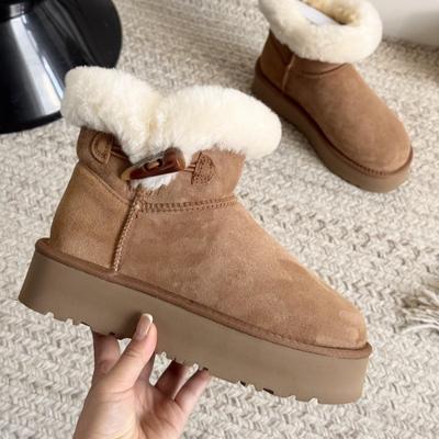 Thick-soled Snow Boots with Integrated Fur, Winter New Horn Buckle, Medium Tube, Piled and Thickened Warm Cotton Shoes, Women
