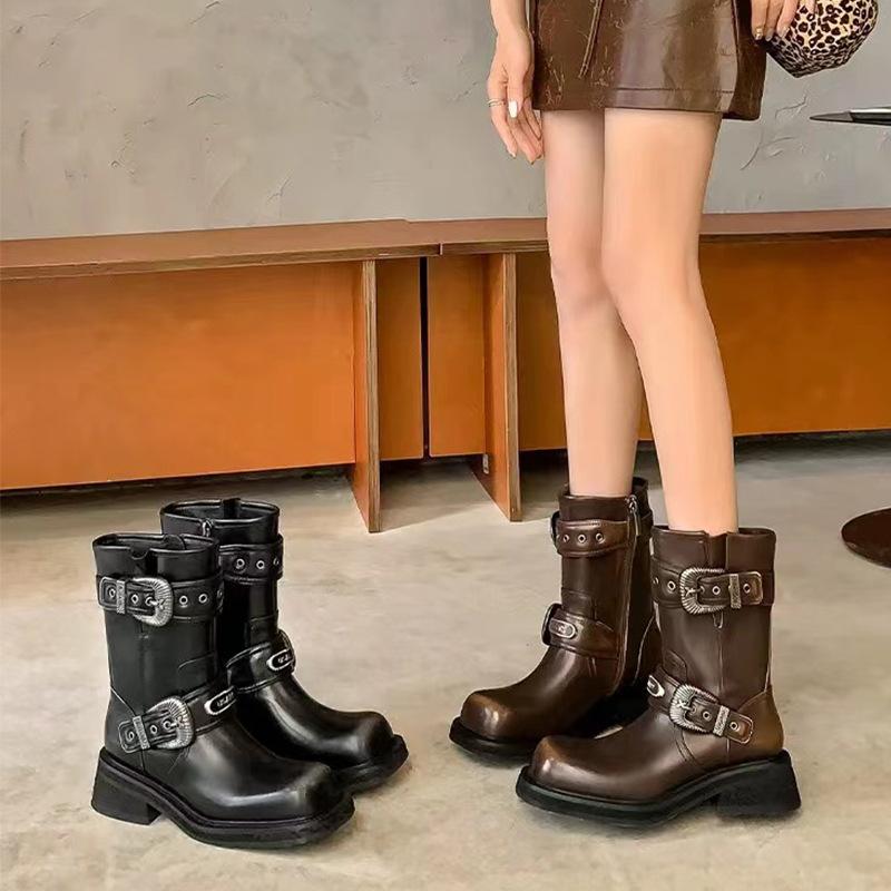 Nappaversion~ Maillard western korta stövlar dam läder mellanhöga retro Martin-stövlar mellanhöga stövlar lokomotivstövlar westernstövlar