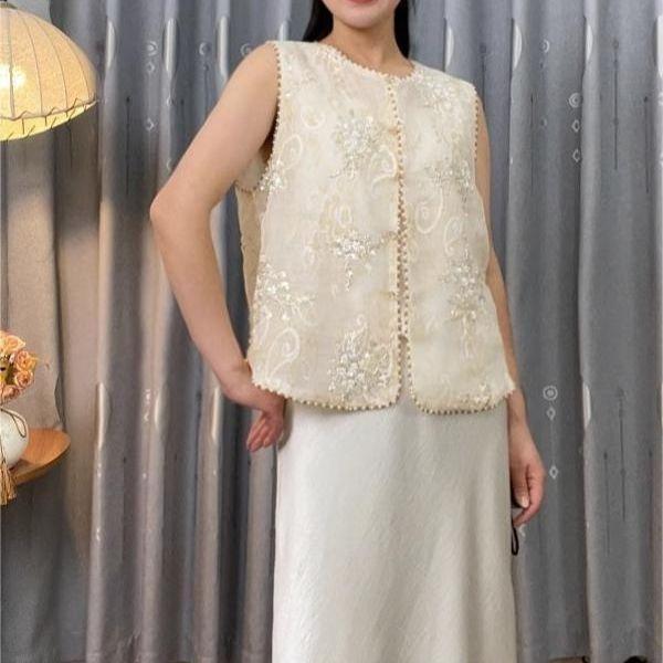 

Вышивка нового стиля 2025, тонкий жилет с бисером, летний топ-жилет без рукавов, универсальный M (under 50kg recommended)