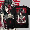 Edgy Japanese Oni Geisha Tattoo Tee with Samurai Sword and Red Floral Print Men's T-shirt Summer Casual Wear