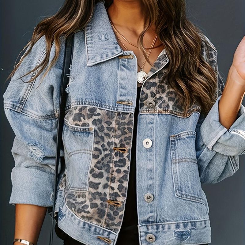 

European American Leopard Print Denim Jacket - Women s Retro Long Sleeve, 2026 Collection 2X Large