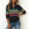 Damen Gestreiftes Reißverschluss-Vorderteil Reverskragen Langarm Sweatshirt Lässiger Pullover
