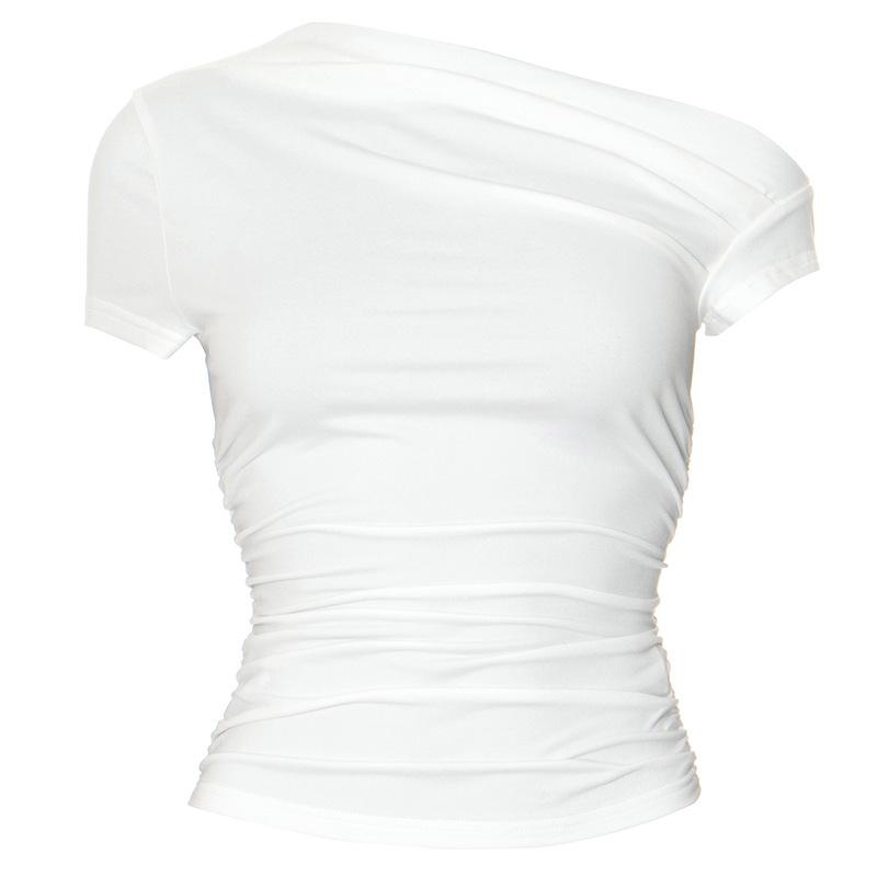 

Ткань высокой эластичности однотонная с открытым плечом короткий рукав присборенная укороченная майка женская повседневная L белый