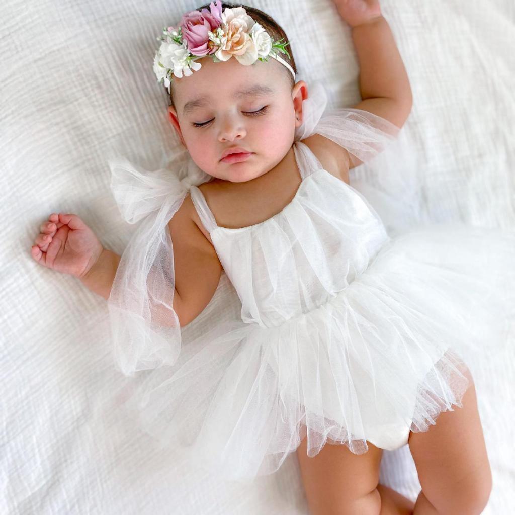 Newborn Baby Girl Sleeveless Mesh Princess Dress Cotton Romper Summer Photo Shoot Outfit 100 Days Celebration Infant Clothing