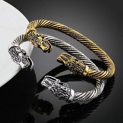 Classic Viking Animal Double Wolf Head Bracelet, Adjustable Men'S Stainless Steel Bracelet, Fashion Double Snake Heads Jewelry Gift.