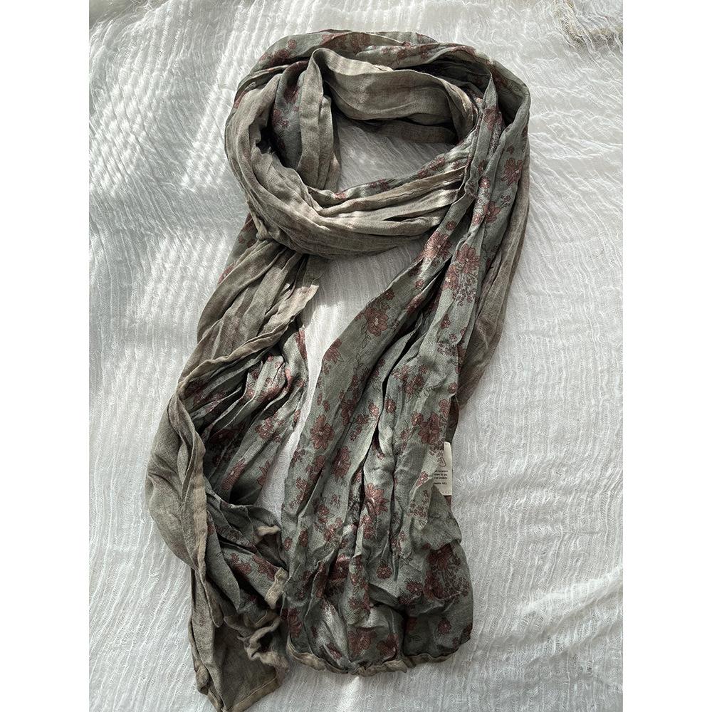 Johnature Sciarpa con bordo floreale Donna Retro Giapponese Versatile Scialle pieghettato Sciarpa decorativa quattro stagioni Donna