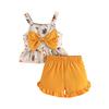 Mädchen Mode Set 2025 Sommer Kinder Lässig Niedlich Blume Große Schleife Neckholder Top + Einfarbige Shorts Set