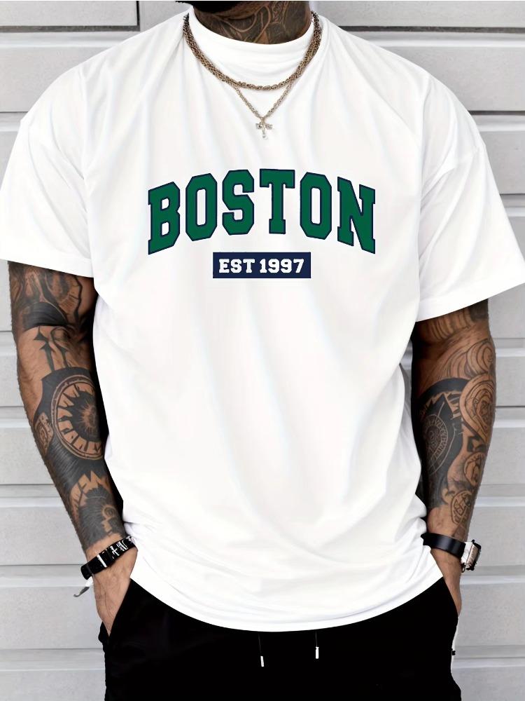 

Men s 100% Cotton Casual Sports Loose Plus BOSTON EST1997 Print Comfortable Shopping Round Neck Short Sleeved T-shirt Top S разноцветный