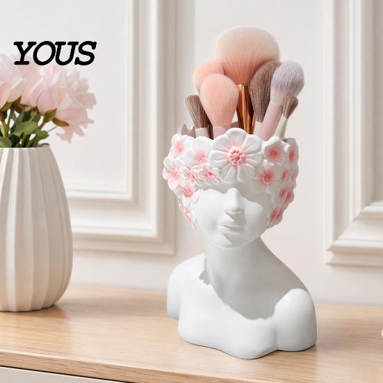 Desktop Storage Organizer Box, with Artistic Side Face Design, Nordic Style Versatile Makeup Luxury Vanity Decor Brush Holder, for Bedroom Dressing