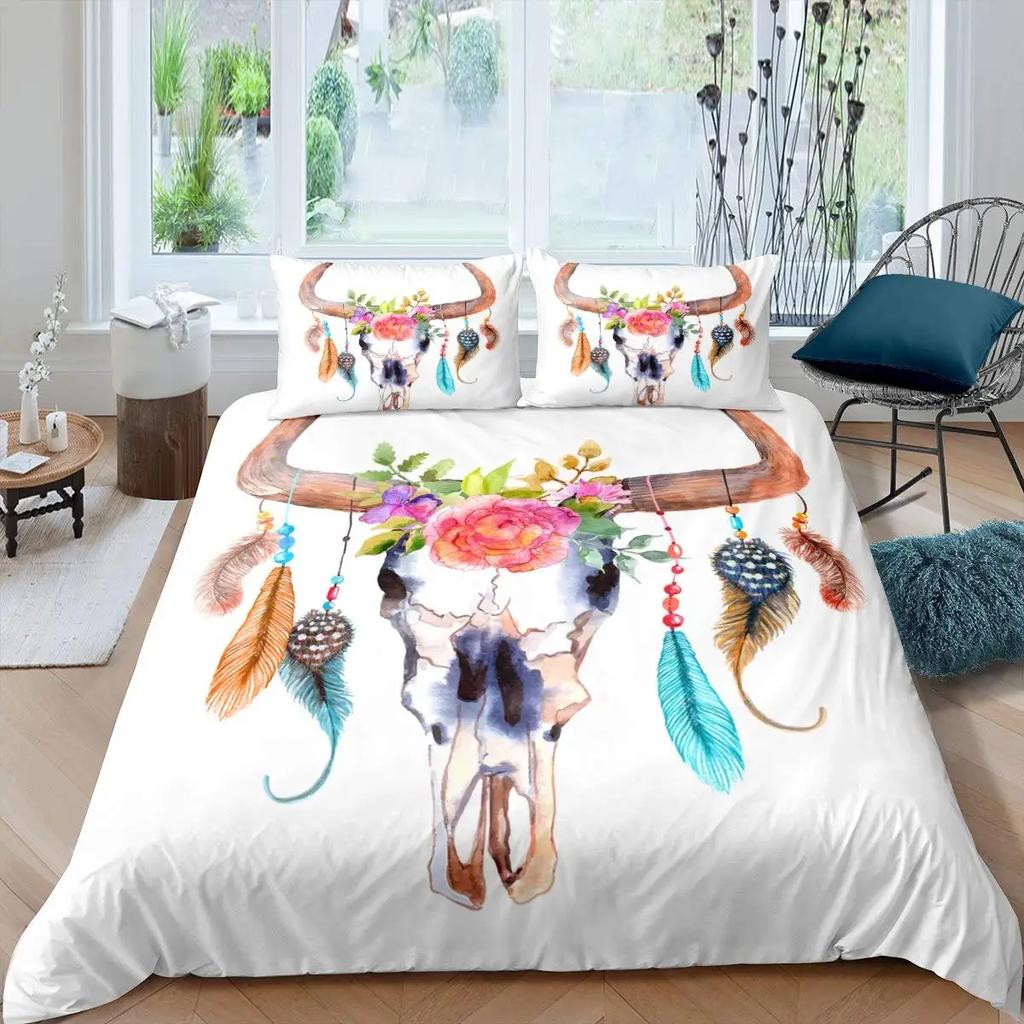 Bull Skull Duvet Cover Chic Feather Bedding Bohemian Exotic Branches Flower for Kids Teens Women Men Room Decoration Quilt Cover