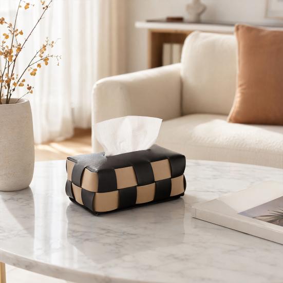 Checkered Tissue Box, with Flip-Open Top, PU Leather Tissue Holder, Stain-Proof Facial Tissue Dispenser, for Bathroom Car Bedroom