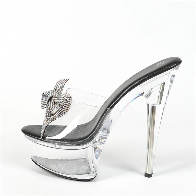 Eilyken Sexy PVC Transparent Butterfly-knot Women Slippers Crystal Platform Thin High Heels Peep Toe Party Prom Shoes