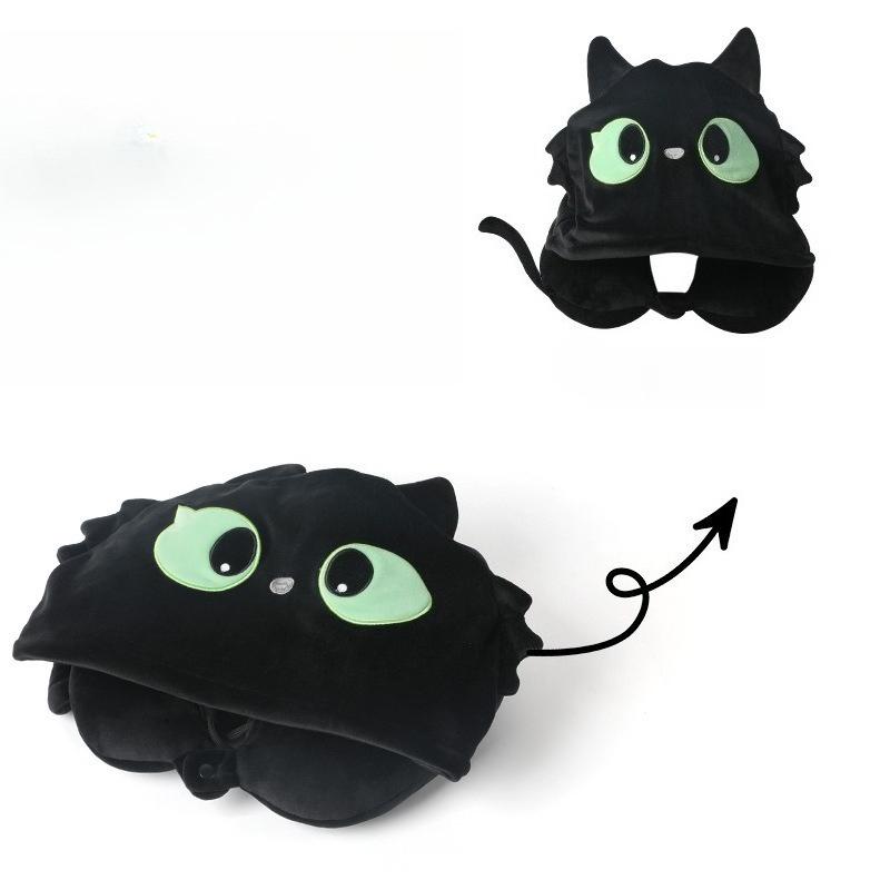 Cartoon U-shaped Pillow Foam Particle Neck Pillow Black Cat Series Company Nap Pillow Hooded Travel Neck Pillow