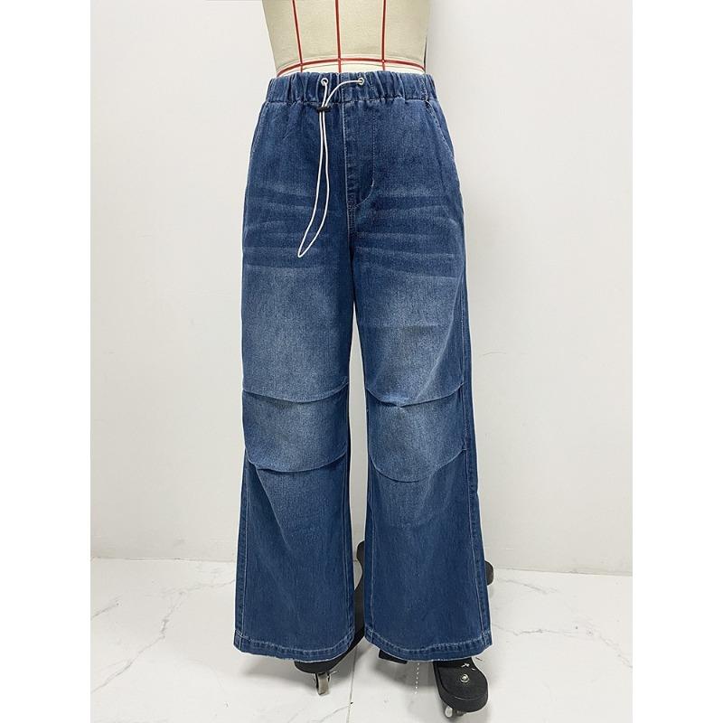 Damen Frühling Neue Mid-Waist Weitbein Kordelzug Locker Jeans Street Retro Gerade Hose