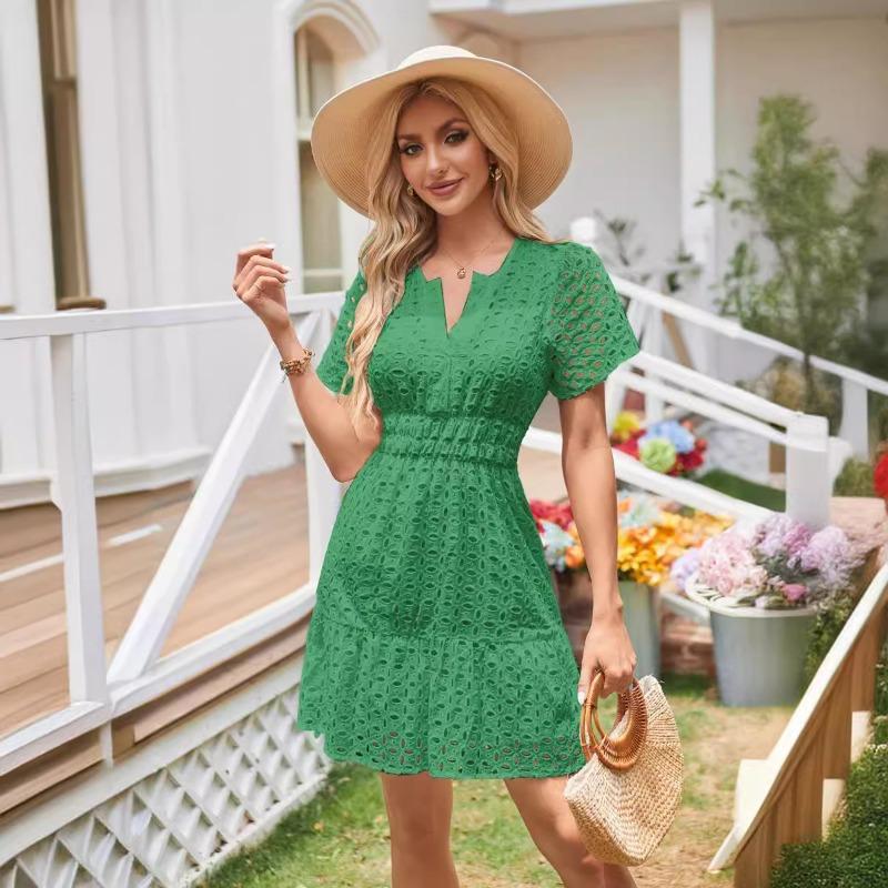 Mode Kurzarm Casual Frauen Spitzenkleid Sommer Neue Elegante Aushöhlen Sexy Kleid Frau V-ausschnitt A-linie Vintage Solide Mini Kleider 1075