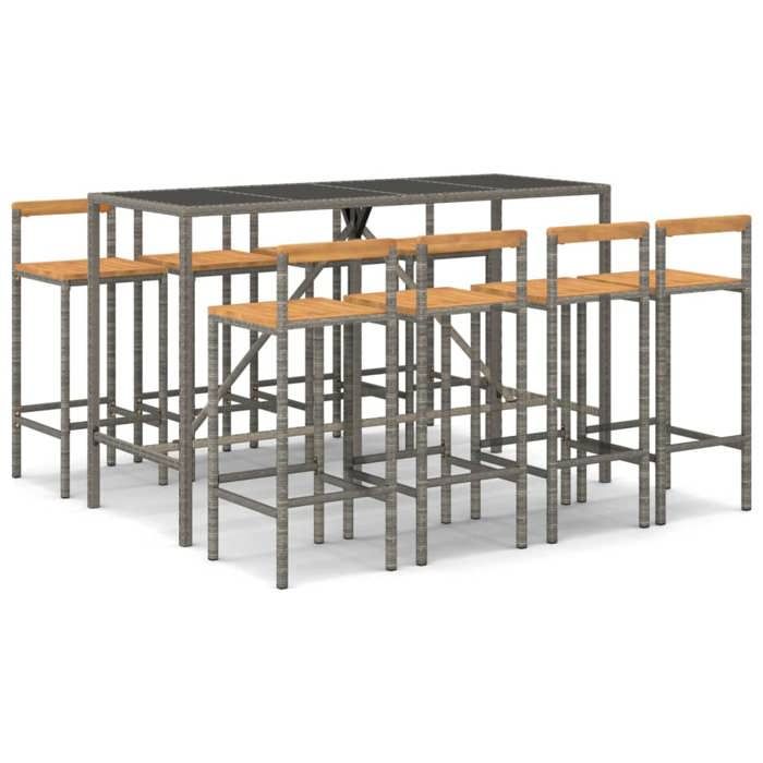 VidaXL Garden Bar Set 9 Pcs Grey Poly Rattan/solid Acacia Wood, Bar Table Set, Table and Bar Chair of 3187697