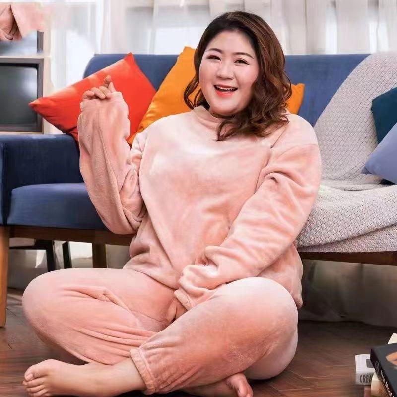 Autumn and Winter Women's Plus Size Loungewear Thick Warm Coral Fleece Pajama Set