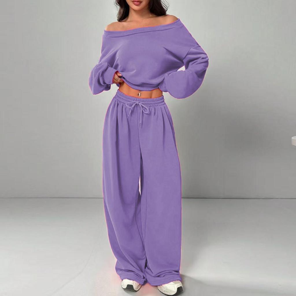 Women's Slim Fit One-Shoulder Crop Top and Casual Pants Set