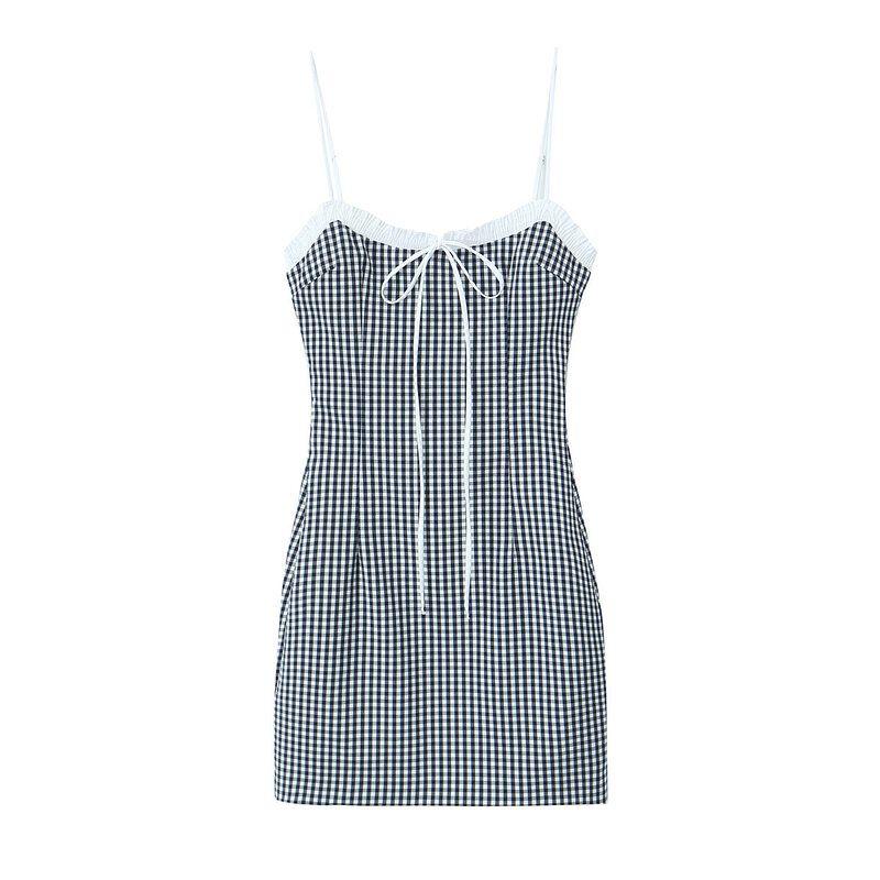 Fashion Style 2024 Summer New Arrival Women's Clothing Plaid Stitching Blue Sling Dress Short Skirt 3152329401