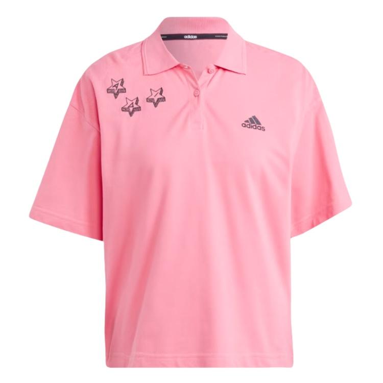 

Adidas Scribble Graffiti Loose Fit Short Sleeve Polo Shirt Women Tops Pink Black IJ8745 XS